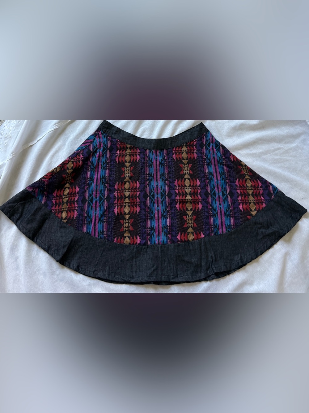 Umgee Black Mini Skirt with Purple, Blue, Pink & Gold Tribal Panel medium